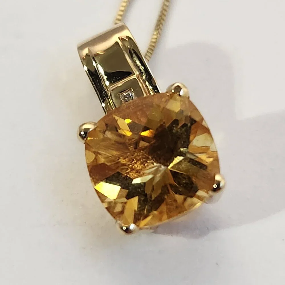 VTG Estate Older 14K Solid Gold Citrine & Diamond Open Bail Pendant & Chain - Picture 4 of 13